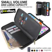 For iPhone 15 14 13 12 11 Pro Max Plus Case Leather Wallet Zipper 9 slot Cover