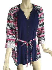BNWT Womens Sz 16 Autograph Brand Navy Pattern 3/4 Sleeve Boho Tunic Top RRP $60
