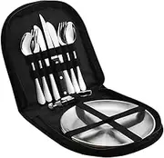 issdem Metal Camping Utensil Set, Camping Silverware Set for 2, Reusable Travel Cutlery with Case Include Knife Fork Spoon Dish and Beer Cap Opener