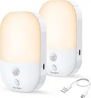 Suright Night Light with Motion Sensor, [Pack of 2] Rechargeable Type-C LED Night Light, 5 Brightness, Adjustable, 3 Modes (Auto/Off/On), 2800K Warm White LED Night Lamp for Bedroom, Aisle, Stairs,