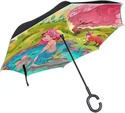 Double Layer Inverted Umbrella Cars Reverse Umbrella Mermaid Animals Cartoon Kids Windproof UV Proof Travel Outdoor Umbrella
