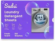 Sudsi Laundry Detergent Sheets: 100 Washes, Ultra-Concentrated, Eco-Friendly, Plant-Based, Plastic-Free, Biodegradable with Enzyme Power, Ideal for Travel, Fresh Scent