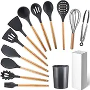 12PCS Silicone Kitchen Cooking Utensil Set Spatulas Spoon Turner Pasta Server Basting Brush Tongs Whisk Wooden Handle BPA Free