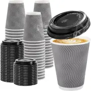 100 Pack 12 Oz Disposable Coffee Cups with Lids, Insulated Ripple Wall To-Go Pap