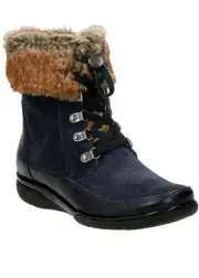 Clarks Navy Leather & Faux Fur Trim Kearns Ramsey Ankle Boots NEW W BOX 9