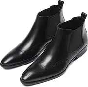 [Generic] Genuine Leather Chelsea Boot for Men Ankle Boot Brogue Carving Pull On Wingtip Flats Heel Pointed Toe Solid Colors Men's Leather Shoes