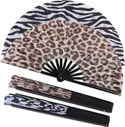 Plzoslly 2 Pack Large Folding Hand Fan for Men/Women, Large Rave Fan for Line Dancing, Summer Clack Handheld Fan for Disco Party, Beach, Dancing, Gift(Leopard and zebra prints)