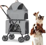 2 Layer Pet Travel Stroller Breathable Dog Pram Pushchair Cage, Double Layer Dog Stroller for 2 Dogs/Cats, Dog Strollers Foldable Pet Cat Carriage for Twin Or Multiple(Gray a)
