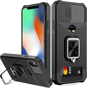 for iPhone X Case,iPhone Xs case with [Card Holder] [Slide Camera Cover] [360° Rotate Ring Kickstand] Heavy Duty Protective Phone Cover Case for Apple iPhone X/iPhone Xs-Black