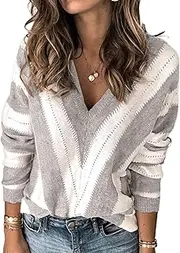 [PRETTYGARDEN] Women's Fashion Long Sleeve Striped Color Block Knitted Sweater Crew Neck Loose Pullover Jumper Tops, Striped