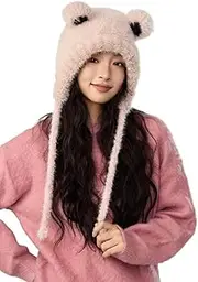 [DILINBAO] 2024 Cute Cartoon Frog Eyes Knitted Hat Winter Warm Beanie Hat Plush Ear Flaps Hat Outdoor Ski Hat for Women Girls(Pink)