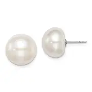 Sterling Silver Rh-Plated 12-13mm White Fwc Button Pearl Earrings