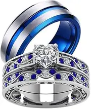 [loversring] Two Rings Wedding Ring Sets His and Hers Promise Ring Couples Bridal Sets Women 925 Sterling Silver Heart Cz Man Brushed Finished Tungsten Carbide Wedding Bands