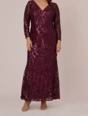 Adrianna Papell Women's Purple Sequined Long-Sleeve V-Neck Dress Plus Size 14W