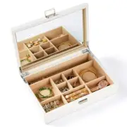Vee Jewelry Box with Lid,Jewelry Organizer with big Mirror,PU Leather Jewelry