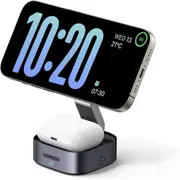 UGREEN MagFlow Wireless Charger, 15W Fast Charge, 2 in 1 Magsafe Charging Stand, Portable Travel Essential, Compatible with iPhone 16/15/14/13/12 Series, AirPods 3/2/Pro (No AC Adapter)