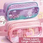 Zipper Cartoon Makeup Square Pencil Case Pen Bag Transparent Grid Stationery