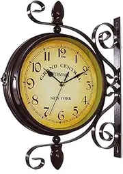 Wall Clock Wall Clocks Silent Non- Outdoor Garden Wall Clock, Classical 360°Rotation Double Sided Train Station Clock with Station Bracket Garden Clock Indoor Outdoor Decoration Outdoor Clock