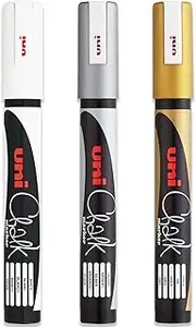 Uni PWE-5M Liquid Chalk Marker Pen - Whiteboard Blackboard Chalkboard - Non Permanent - Gold, Silver & White - Pack of 3, PWE5M-WSG