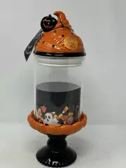 Cobwebs and Cauldrons Orange/Black Halloween Ceramic & Glass Jar Pedestal VHTF
