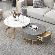 Round Nesting Coffee Table Set of 2, Marble Texture Coffee Table Set, with Drawer Storage，Stylish Furniture for Living Room and Bedroom Decor ， Metal Frame(Gold Frame+White+Gray)
