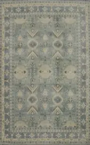 Transitional Light Blue Silk Carpet Handmade Geometric Oushak Style Area Rug 6x8
