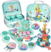 [2025] 44Pcs Mermaid Tea Party Set for Little Girls,Birthday Gifts for Age 3 4 5 6 Year Old Girls,Pretend Tin Teapot, Cups, Plates,and Food Sweet Treats Playset for Princess Tea Time