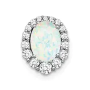 14k White Gold Oval Created Opal and Real Diamond Halo Chain Slide