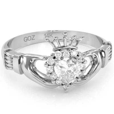 Claddagh White Topaz Diamond Ring In Solid 14k Gold