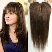 HAIRCUBE Human Hair Toppers For Women, 100% Remy Human Hair Topper With Bangs, 150% Density Silk Base Clip In Topper For Women14in 40g - Dark Brown