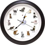 Meowing Cat Sounds Wall Clock, 13", Black, 12 Popular Breeds