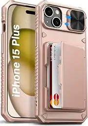 Vihibii for iPhone 15 Plus/iPhone 14 Plus Case with Card Holder (4 Cards), [RFID Blocking] & Slide Lens Camera Cover, Military Grade Drop Protection, Rugged Heavy Duty Wallet Phone Case, Rose Gold