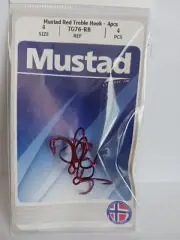 Mustad RED Treble Hooks Size 4, 4 pcs, New, TG76-RB