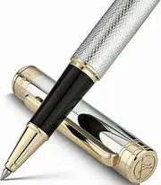 MCNTEIK Silver Chrome Rollerball Pen, Stunning Luxury Pen with Mesh Texture Design、Silver Chrome Finish and 24K Gold Accents, Nice Gift Set for Men & Women, Business, Executive, Office, Fancy Pens