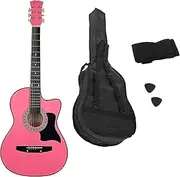 Karrera 38in Acoustic Guitar With Pick Guard Steel Strings Carry Bag Shoulder Strap Pink