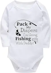 [WOOYONGING] Pack My Diapers I'm Going Fishing With Daddy Onesie for Baby Girl Newborn Long Sleeve Neutral Girl Baby Clothes W