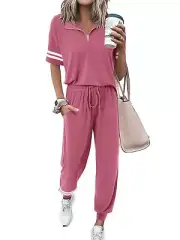 Womens Two Piece Outfits 2025 Summer Short Sleeve Quarter Zip Pullover Tops J...