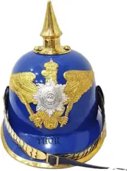 Blue German Pickelhaube Leather Helmet Imperial Prussian Brass Accents W/Stand