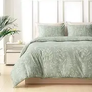 Tokokimo Sage Green King Size Duvet Cover Sets - Floral Bedding Set, Textured Green Duvet Set Kingsize Duvet Cover with 2 Pillowcases, Soft Microfiber Bedding Sets 230x220 cm, Green/Floral