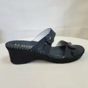 La Plume Charese Double Strap Denim Nubuk Leather wedge heel slide EUR 39 US 8.5