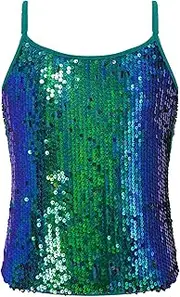 [Raenseen] Kids Girls Sparkly Sequins Dance Shirts Vest Stage Performance Crop Tank Top Camisole