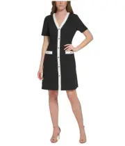 Tommy Hilfiger Womens Button Front Contrast Trim Sheath Dress, Black, 16