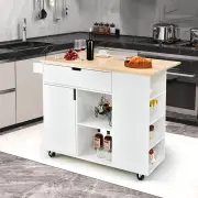 CostwayDrop-Leaf Rolling Kitchen Island with Rubber Wood Top &amp; Drawer-White