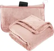 [GOKENA] Travel Blanket and Pillow with Pockets Portable Compact Blanket Set Travel Blanket for Airplanes 2 in 1 Airplane Blanket Flight with Soft Pillowcase, Backpack Buckle for Airplane and Car Travel (Pink)