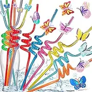 24 packs Bulk Butterfly Reusable Plastic Straws For Kids Birthday Party Favors,Summer Butterfly Crazy Drink Straws For Classroom Christmas Day