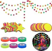 XMANX Fluorescence Party Supply Set, 6 Colours 5m UV Black Light Reaction Tape, 4.5m Neon Star Dot Garlands Hanging Decorations for Birthday Wedding Party Decorations