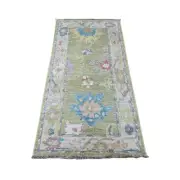 2'10"x5'8" Green Angora Oushak Leaf Design Wool Hand Knotted Runner Rug G89896