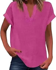 [Generic] Linen Button Down Shirts for Women Plus Size V Neck Short Sleeve Tops 2025 Summer Trendy Cotton Gauze Shirts S-5XL