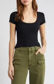 FRAME Scoop Neck Rib Baby Tee in Black at Nordstrom, Size Large