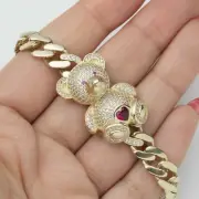 Pink Teddy Bear Cuban Link Chain Bracelet Box Lock Real 10K Yellow Gold